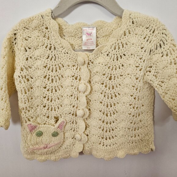 April Cornell Girls Crochet Baby Cardigan with Cat in Butter Yellow Size 6M - Picture 1 of 12